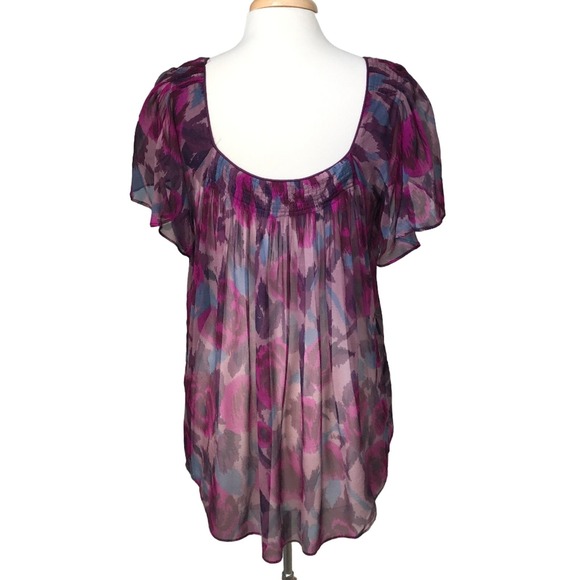 KENAR Pink Purple Blue Floral Print Pleated 100% Silk Blouse Size Medium - Picture 2 of 6